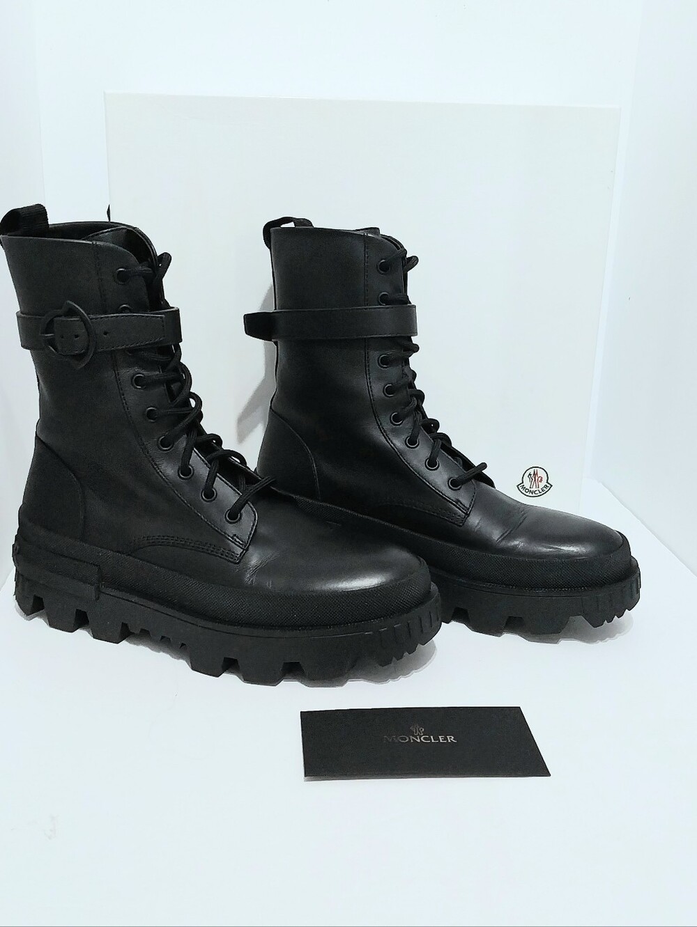 Moncler Carinne Lace Up Calf Leather Combat Boots, Size 40|US Size 9